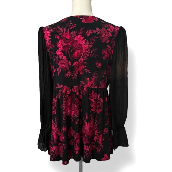 Torrid Black and Pink Floral Surplice Sheer Sleeve Polyester Top Sz XXL - Picture 10 of 13